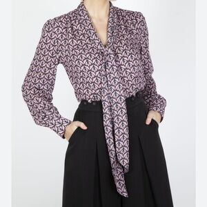 Voodoo Vixen Gabby Crepe Pussybow Bow Blouse Purple Floral Geometric NWT-8